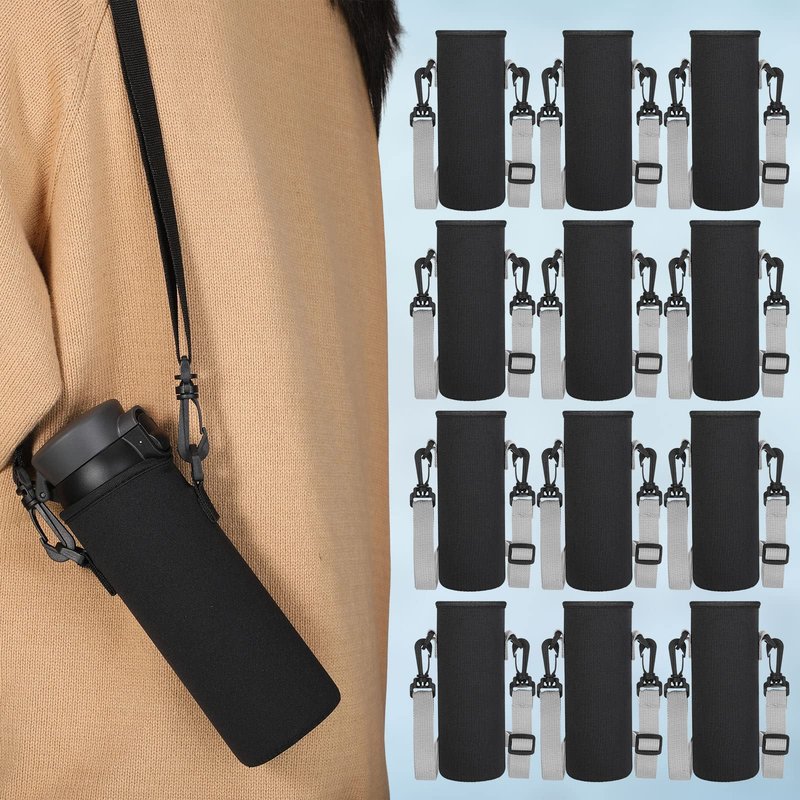 Sabary 12 Pcs Water Bottle Sleeve with Shoulder Strap 25oz Sublimation Water Bottle Holder Carrier Pouch Adjustable Sling Bag for Boys Girls(Black)
