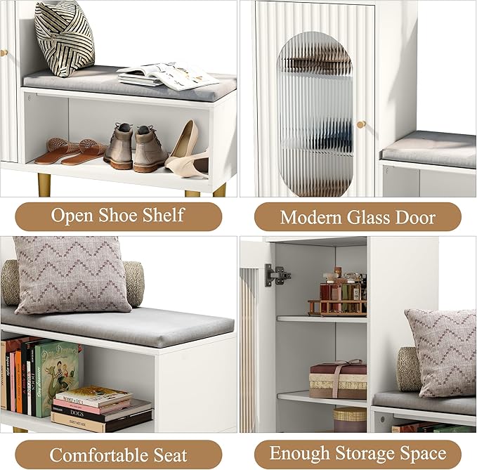 HLR Storage Bench with Glass Door&Shelf, Modern Entryway Shoe Cabinet Bench with Padded Seat, L-Shaped Storage Cabinet for Hallway, Bedroom, Living Room, Office, White