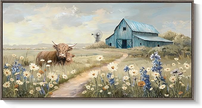 Framed Large Barn Farmhouse Canvas Wall Art for Living Room, Highland Cow Windmill Wildflower Pictures Wall Art Decor for Bedroom Vintage Landscape Floral Painting Artwork Prints for Living Room 24x48