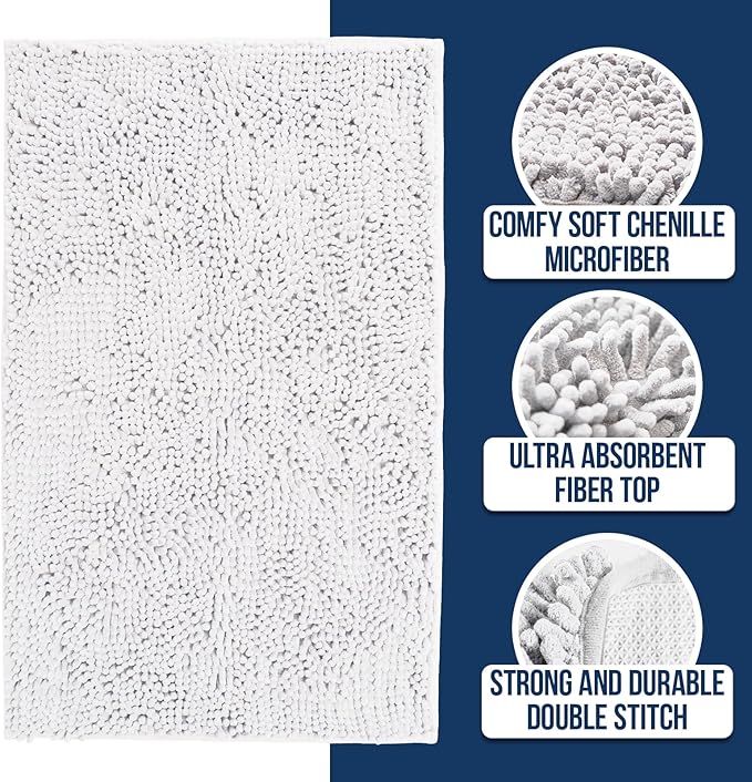 Muddy Mat Chenille Bathroom Rugs Quick Dry Microfiber Mats Non Slip Washable, Extra Thick, Soft and Highly Absorbent Bath Mats for Bathroom, Kitchen, and Shower Floor - White Small 28"X18"