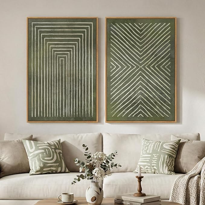 Large Framed Green Abstract Wall Art, 2 Piece Modern Canvas Prints Paintings