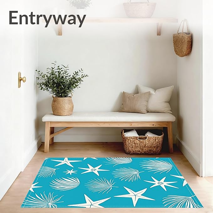Flatwoven High Traffic Area Rug 3x5, Starfish and Conch Drift with Lighthouse Accents, Non Slip, Stain Resistant, Washable Area Rugs for Living Room, Bedroom (Blue, 3x5)