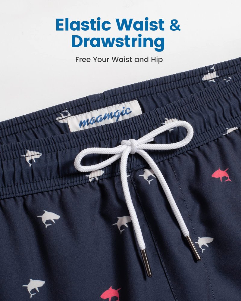 maamgic Mens Swim Trunks with Compression Liner 5 Inch, Quick Dry Bathing Suit with Zipper Pockets, Stretch No-Chafing Swim Shorts, Navy-Mini Shark X-Large