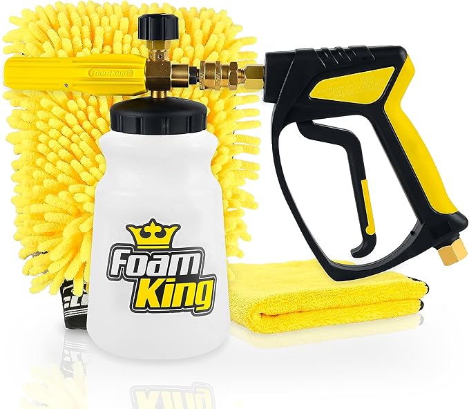 Clean Car USA Foam Cannon Pressure Washer Gun, Stubby Foam Sprayer for Car Wash, Power Washer Swivel for Pressure Washers - Incl. Wash Mitt & Microfiber Towel, Ultimate Detailing Kit for Deep Cleaning