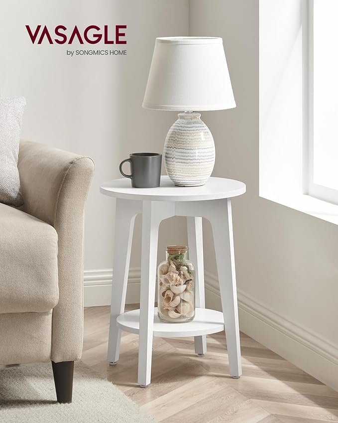VASAGLE MAEZO Collection - Side Table, 2-Tier Small Round End Table, Nightstand with Tapered Legs, Curved Transitions, for Small Spaces, Living Room, Bedroom, Cloud White ULET283T14 | Lower Shelf, Small Spaces, Living Room, Bedroom