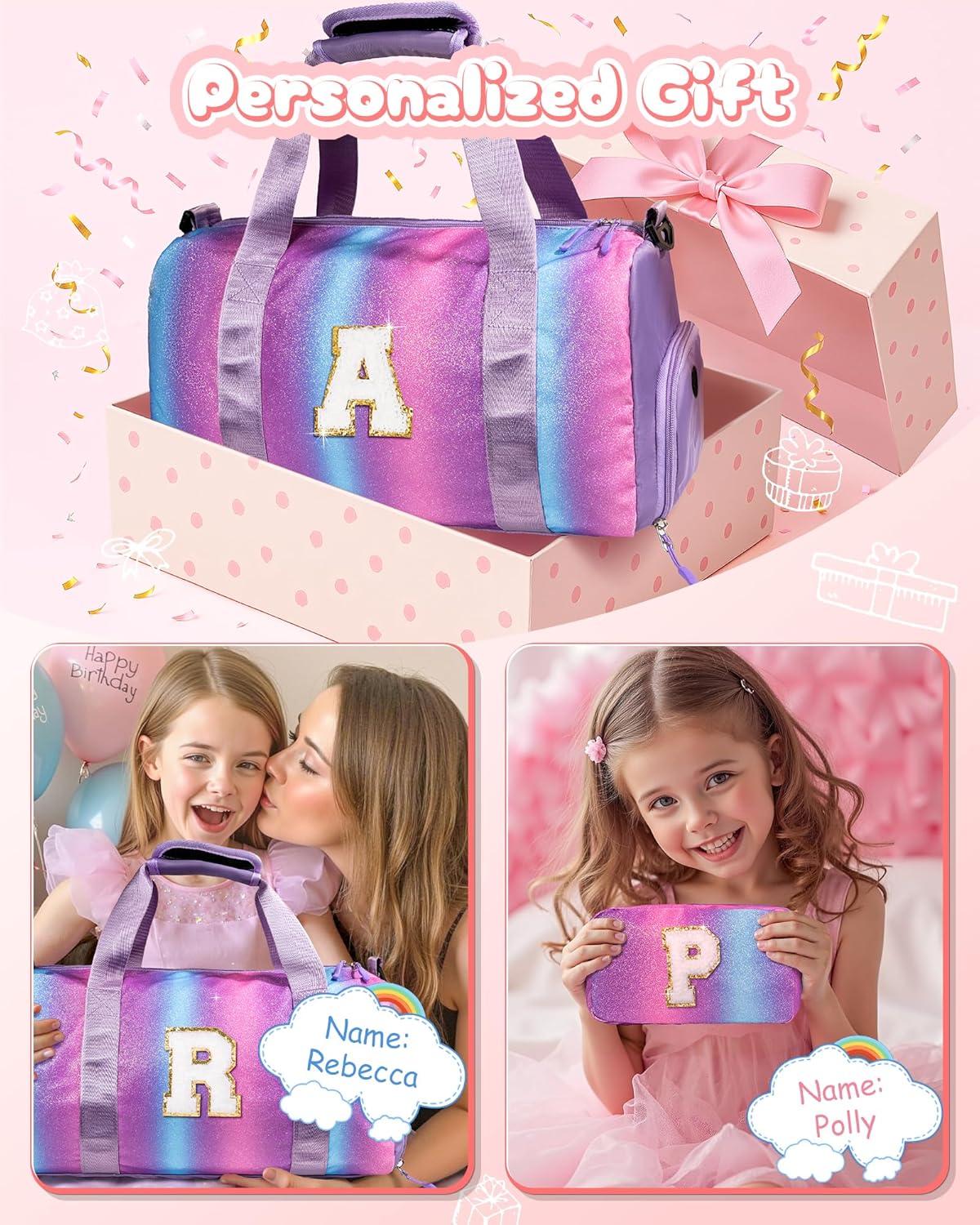 Skiennix Personalized Gym Bag for Girls - Stylish Weekender with Shoe Compartment & Makeup Pouch | Ages 4-11 (Letter A)