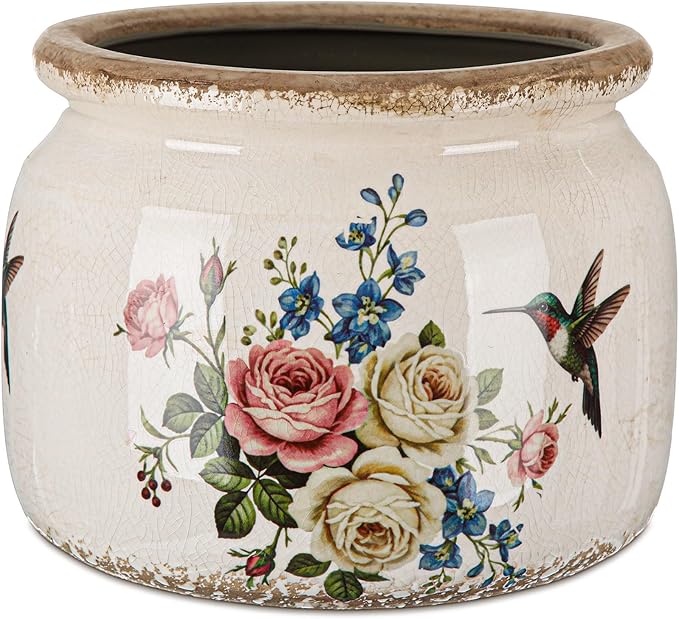 7.7″ Large Vintage Ceramic Plant Pot with Hummingbird Bloom Pattern Cream White Rustic Planter with Ice Crackle Glaze & Drainage Hole for Indoor Outdoor Plants Home Kitchen Office Decor Gift