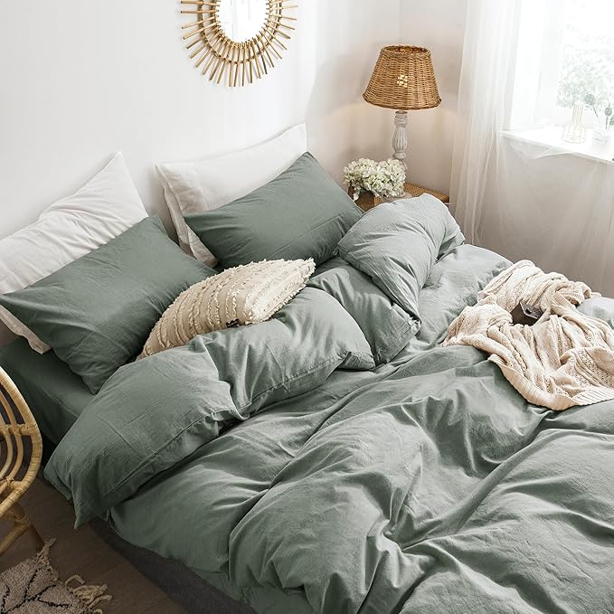 MooMee Bedding Duvet Cover Set 100% Washed Cotton Linen Like Textured Breathable Durable Soft Comfy (Heathered Green, Oversized Queen 98"x98")