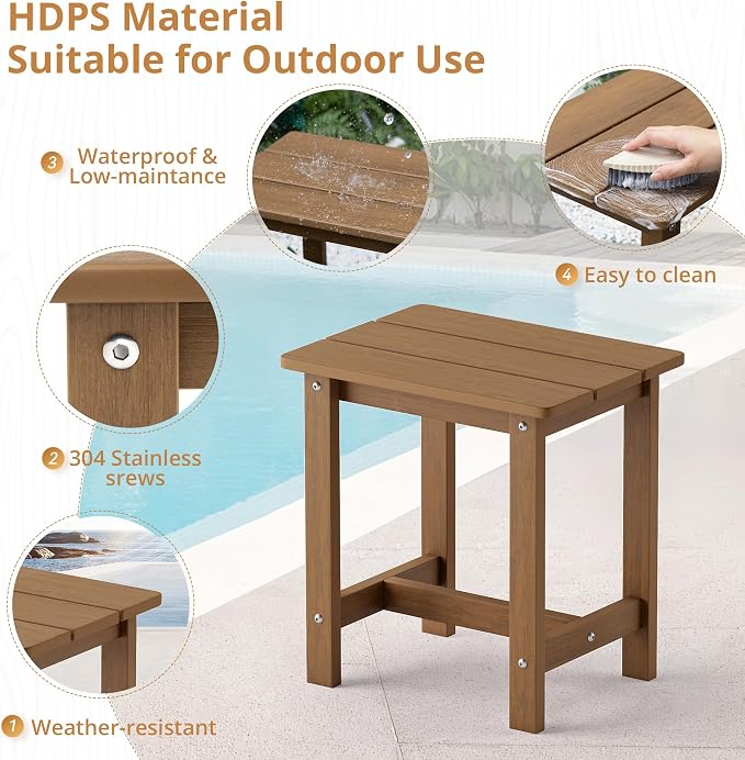 LUE BONA Outdoor Side Table, HDPS Small Outdoor Table, Adirondack Side Table, Outside End Table for Patio, Porch, Deck, Pool, Weather Resistant/Easy Maintenance/Indoor or Outside Use, Brown