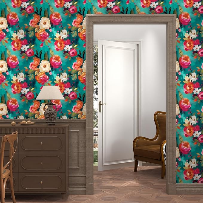 BOKEBEVE Bright Floral Wall Paper Watercolor Peel and Stick Wallpaper Oil