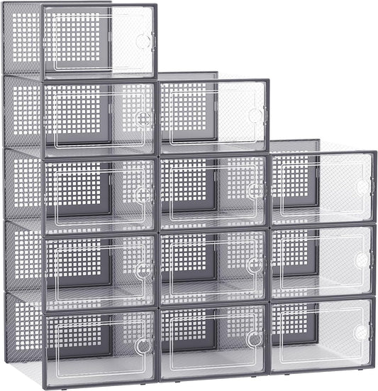 Kuject Large Shoe Organizers Storage Boxes for Closet, 12 Pack Clear Plastic Stackable Storage Bins with Lids, Under Bed Shoe Containers for Entryway, Drop Front, Fit up to Women's Size 10,Dark Gray