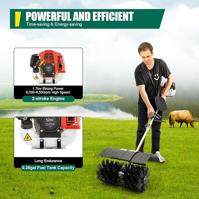 Gas Power Sweeper Hand Held Broom, 52cc 2-Stroke 2.3HP 1.82M Artificial Turf Broom, Aluminum Alloy Walk Behind Sweeper Cleaning Driveway Tools, Leaf Collector Lawn Sweeper, Black & Red