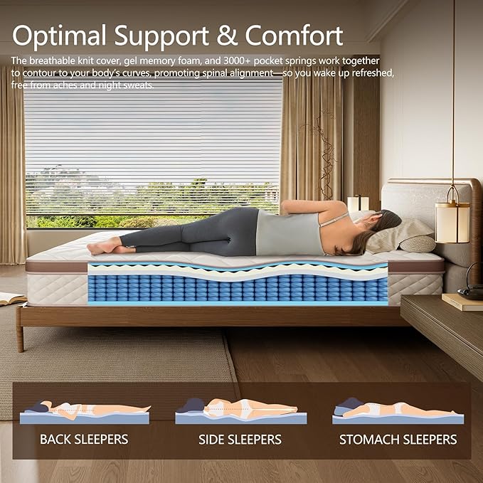 12-Inch Hybrid Full Mattress - Premium Cooling Gel Memory Foam & 8.5" High Pocket Coils | CertiPUR-US Certified | Pressure Relief & Motion Isolation | 365-Night Risk-Free Trial