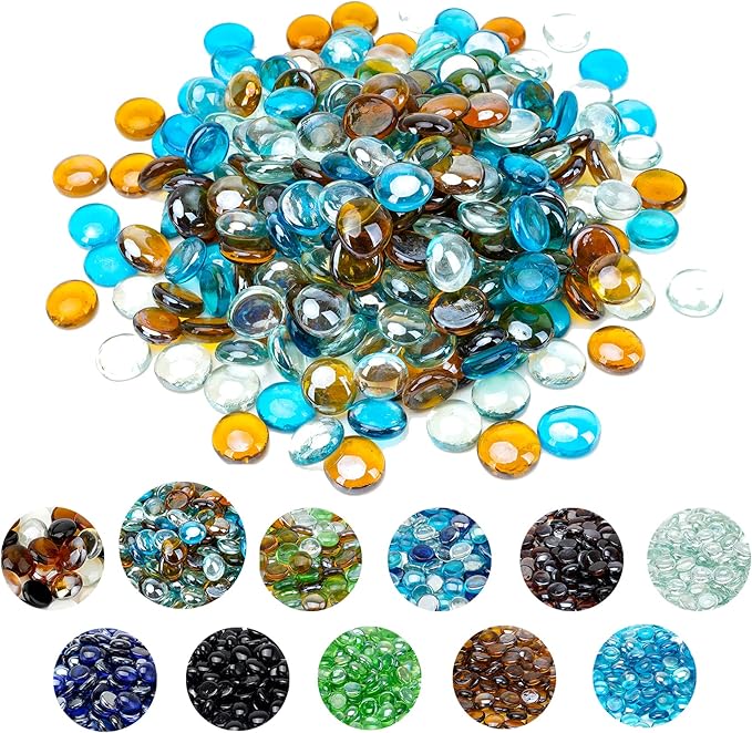 Skyflame 10-Pound Blended Fire Glass Beads for Fire Pit Fireplace Landscaping, 1/2-Inch High Luster Caribbean Blue, Crystal Ice, Caramel