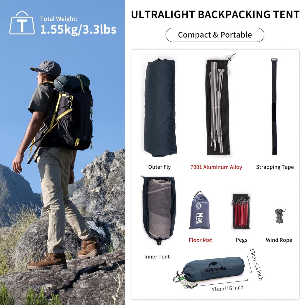 Naturehike Cloud-Up 1 Person Tent, Lightweight Backpacking Tents for One Man, Waterproof Ultralight One Person Tent for Camping Hiking Backpacking
