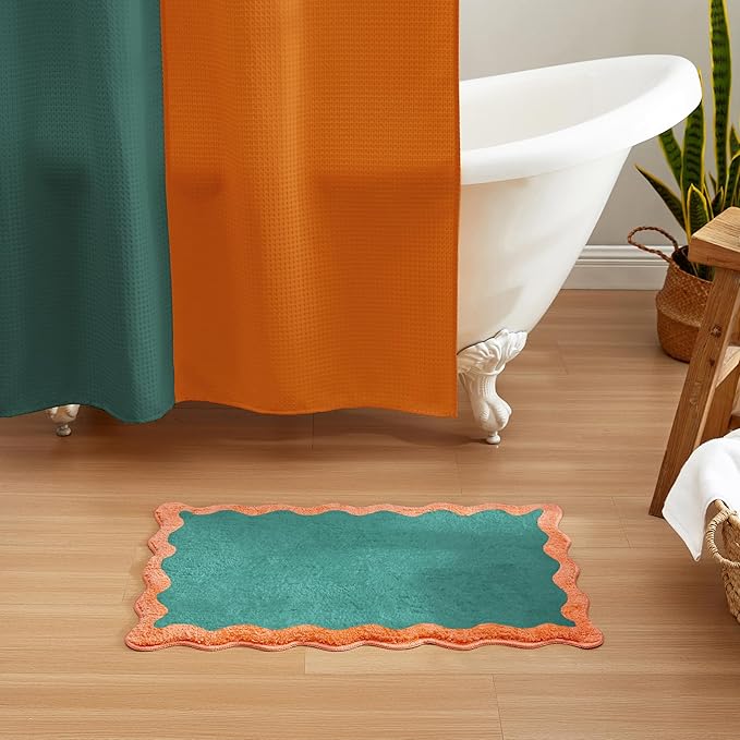 MONDAY MOOSE Bath Mat with Scalloped Wavy Ripple Design, Microfiber Absorbent Non Slip Tufted Rug for Floor, Shower or Kitchen (16x24 inch, Teal Peach)