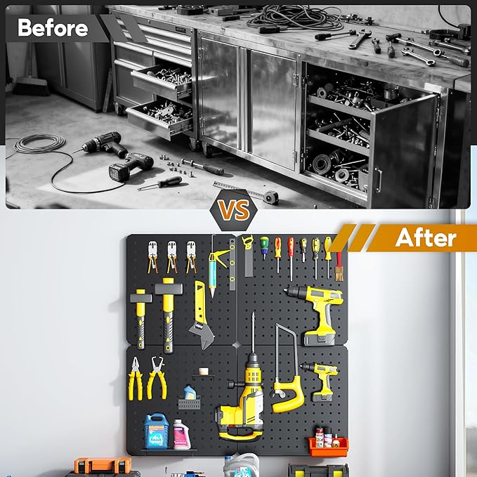 Peg Board, 4 Pack Black Peg Board Panels, 50lbs Load Capacity Each, Pegboard