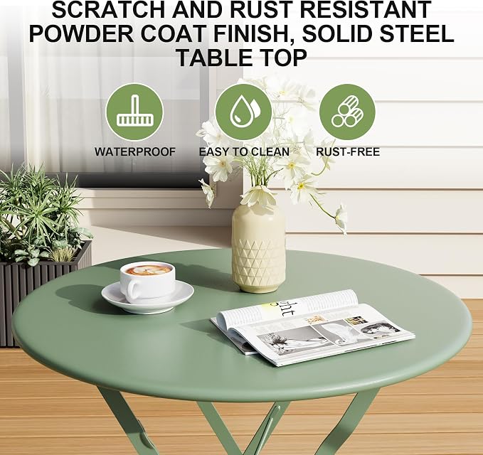 GarveeLife Outdoor Metal Bistro Set, 3-Piece Patio Furniture Set with 2 Chairs and 1 Table, Flat Steel Frame Patio Dining Set for Garden, Balcony, Porch & Backyard,Green
