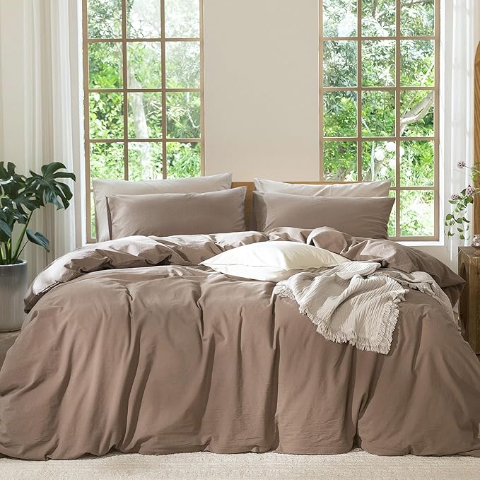 MooMee Bedding Duvet Cover Set 100% Washed Cotton Linen Like Textured Breathable Durable Soft Comfy (Solid Brown, Queen 90"x90")