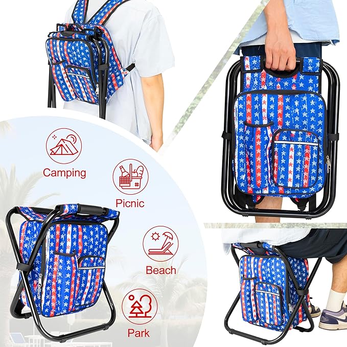 Kikerike Backpack Stool Cooler Chair Heavy Duty 300 LBS Max Load Portable Lightweight Stool Backpack Folding Fishing Cooler Seat for Camping Hunting Fishing - American Flag