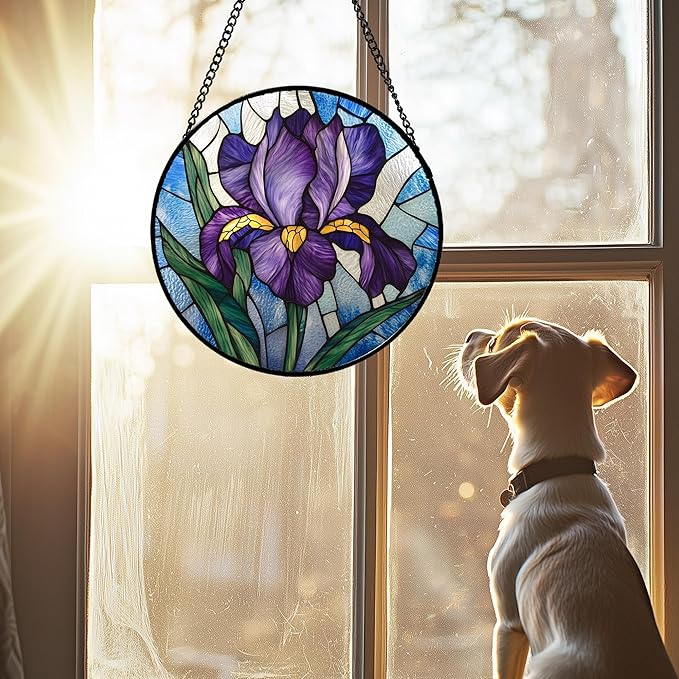 Stained Glass Window Hanging - Iris Birth Flower Suncatcher for Doors Garden Yard Purple Blue Sun Catchers Decor Christmas Mother's Day Birthday Gifts for Teacher Women Mom Nana 11.8 in