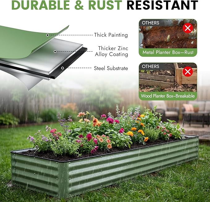 INNO STAGE Galvanized Raised Garden Bed Kits, 8x2x1ft Metal Raised Garden Beds Outdoor, Large Steel Raised Planter Bed with Gloves for Vegetables & Flowers Patio Ground Planter Box (Olive Green, 1PC)