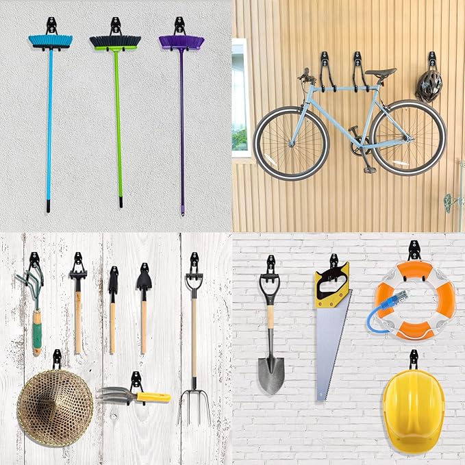 HUPBIPY Heavy Duty Garage Hooks 4 Pack, 7.7 inch U Shaped Long Hanger, with 2 Extension Cord Holder Organizer, Wall Mounted Storage System, for Power and Garden Tool Hanging， Ladders, Bikes, Hose