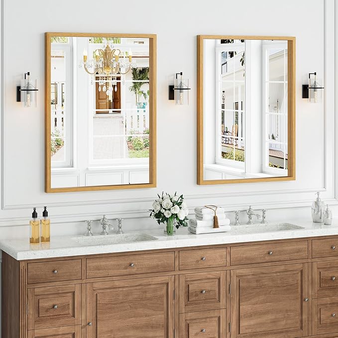 Syndra Natural Wood Frame Bathroom Mirror, 30x40'' Modern Vanity Mirror