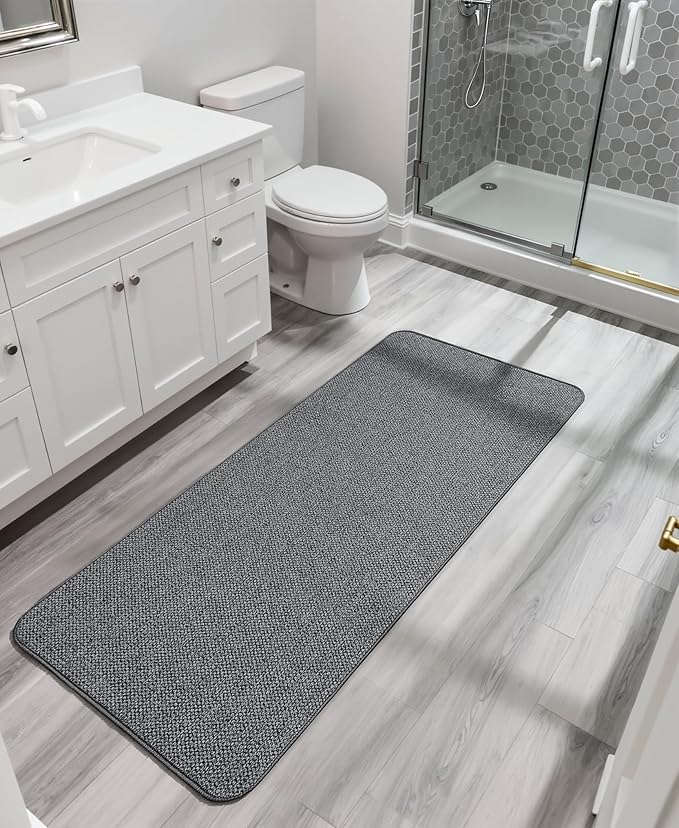 Bath Mat,Ultra Thin Bathroom Runner Rugs,Large Bath Mats for Bathroom,Quick Dry,Non-Slip,Machine Washable,Low Pile,Bath Rug,Shower Outside,Sink,Home Decor Accessories.Dark Grey,2'x6'(24x72inch)