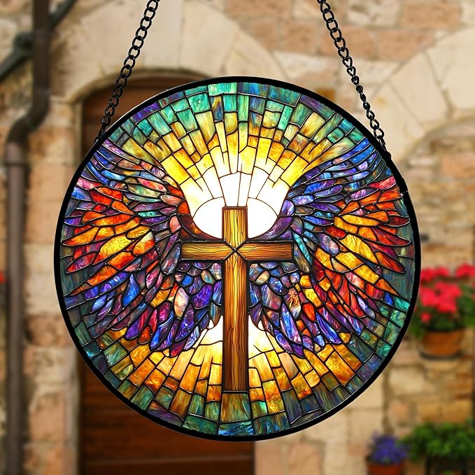 Stained Glass Window Hanging - Jesus Cross Wings Suncatcher Ready to Hang Window Doors Home Decoration and Christmas, Mother's Day Birthday Gifts for Women, Men, and Mom 11.8x11.8 in