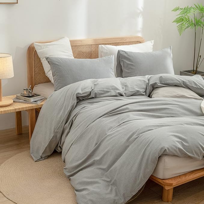 BESTOUCH Duvet Cover Set 100% Washed Cotton Linen Feel Super Soft Comfortable Chic Lightweight 3 PCs Home Bedding Set Solid Light Grey Full/Double