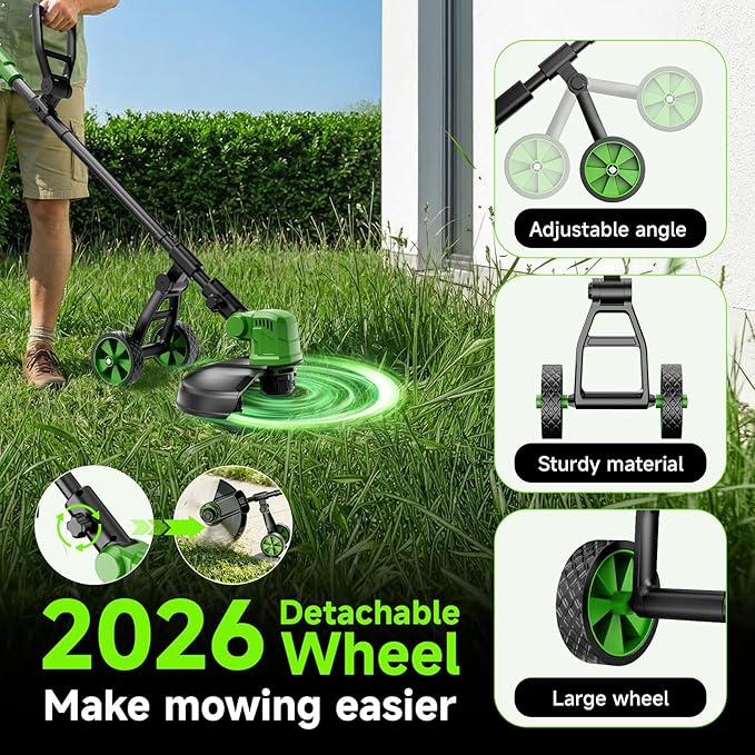 14'' Electric Weed Wacker Cordless, 20000RPM Wheeled String Trimmer Weed Eater Battery Powered, 3 in 1 Lightweight Cordless Edger Grass Trimmer Weed Trimmer with 8 Replacement Spools for Garden, Lawn