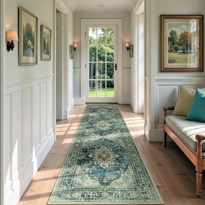 Area Rugs 3'x9' Runner Rug Non Slip Washable for Kitchen Hallway Bedroom Beside Laundry Room Bathroom Rug, Floor Carpet, Dark Blue Vintage