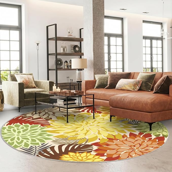 Colorful 6FT Outdoor Round Area Rug Washable Rugs Multicolored Patio Rug Tropical Botanical Floral Chenille Waterproof Outdoor Carpet for RV, Pool Deck, Backyard, Porch, Orange
