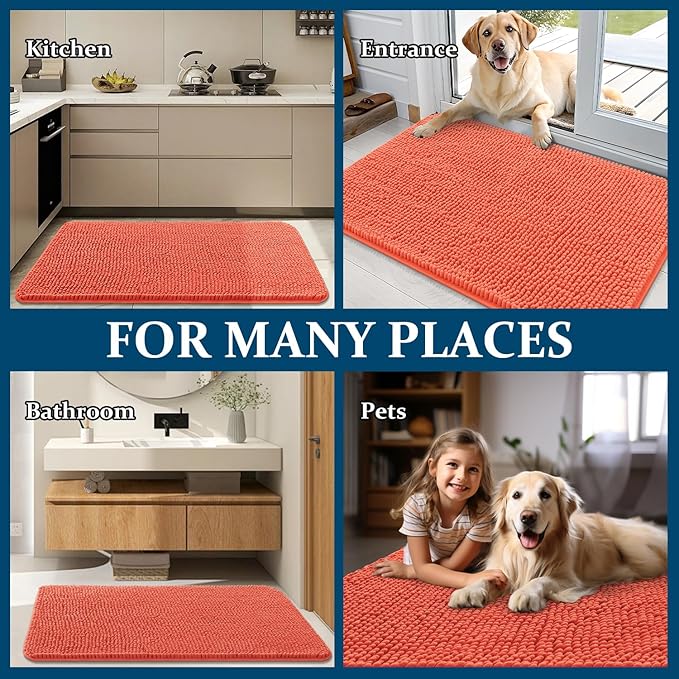 OLANLY Dog Door Mat for Muddy Paws 59x20, Absorbs Moisture and Dirt, Absorbent Non-Slip Washable Doormat, Quick Dry Chenille Mud Mat for Dogs, Entry Indoor Entryway Carpet for Inside Floor, Coral
