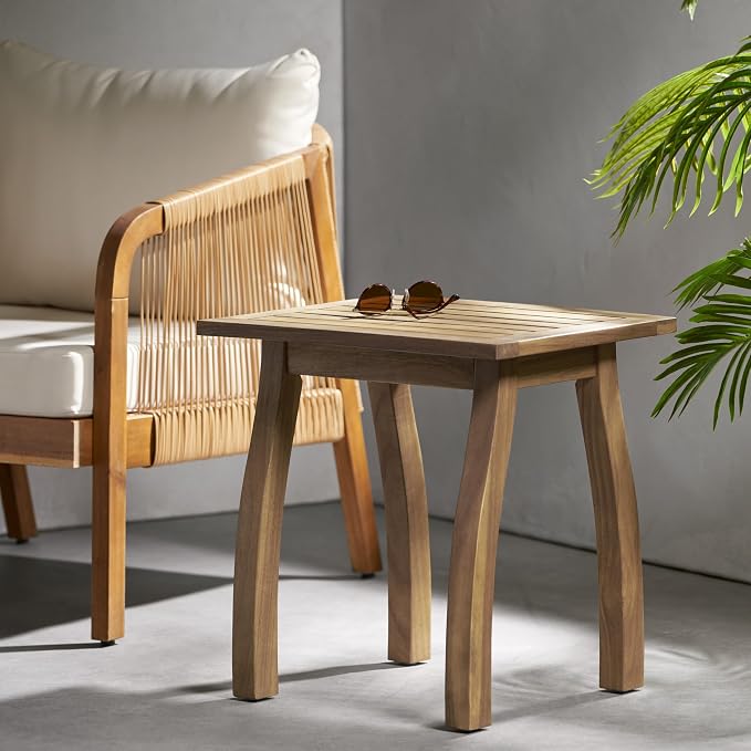 Christopher Knight Home Selma Acacia Wood Outdoor Side Table, Decorative Rectangular Small Accent Table, Weather Resistant Patio End Table for Balcony Beach Pool Side, Slatted Design, Natural Stained