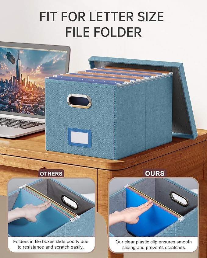 Oterri File Organizer with Lid, File Box, File Cabinet for Letter File Folder Storage, Hanging File Organizer for Office/Decor/Home,Document Organizer, 1 Pack,Dark-Blue-Box Only