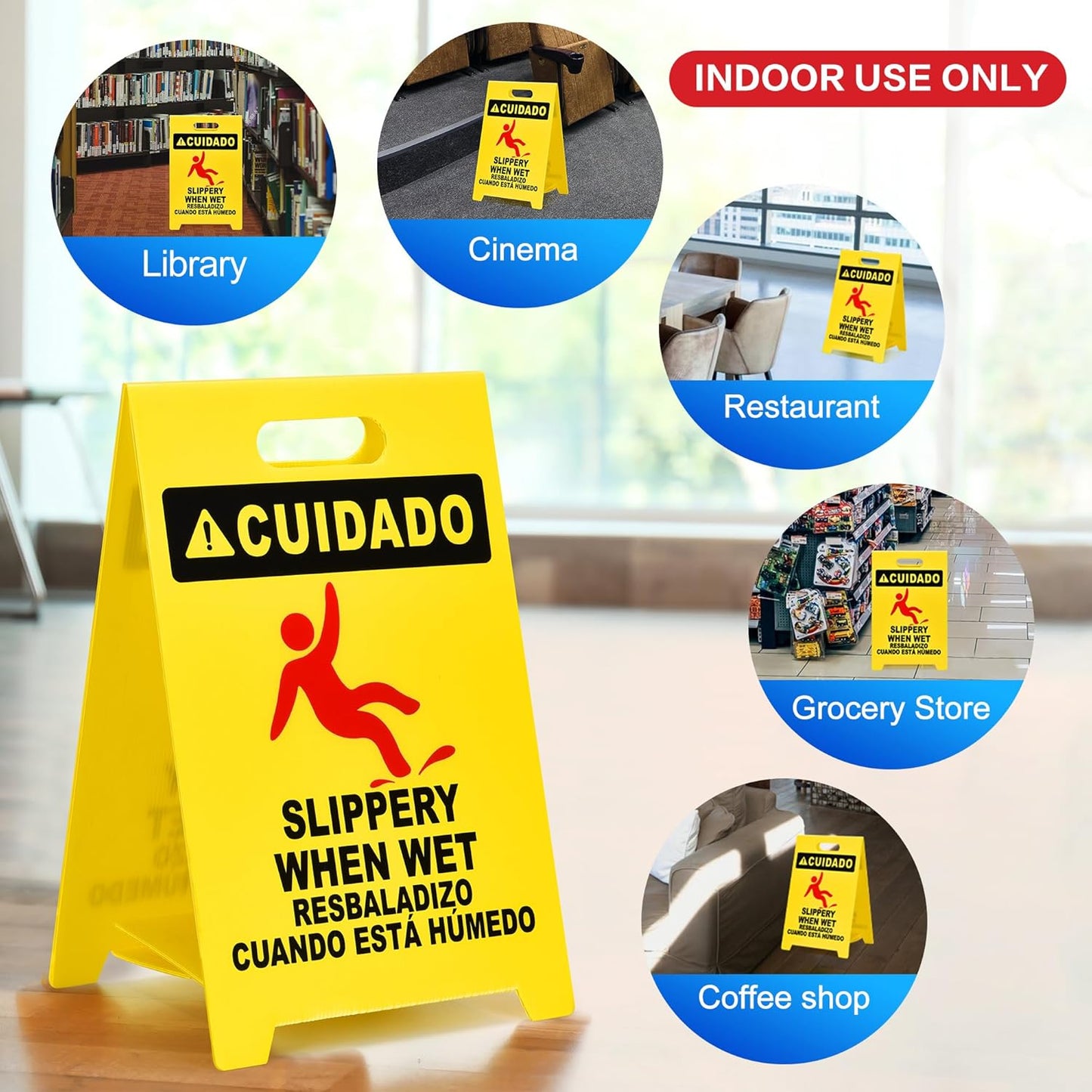 MATTHEW CLEANING 19'' Industrial Wet Floor Sign 3 Pack 2-Sided Durable Corrugated Plastic Birght Yellow Multilingual Warning Signs Commercial Caution Wet Fold-out Floor Signs For Indoors