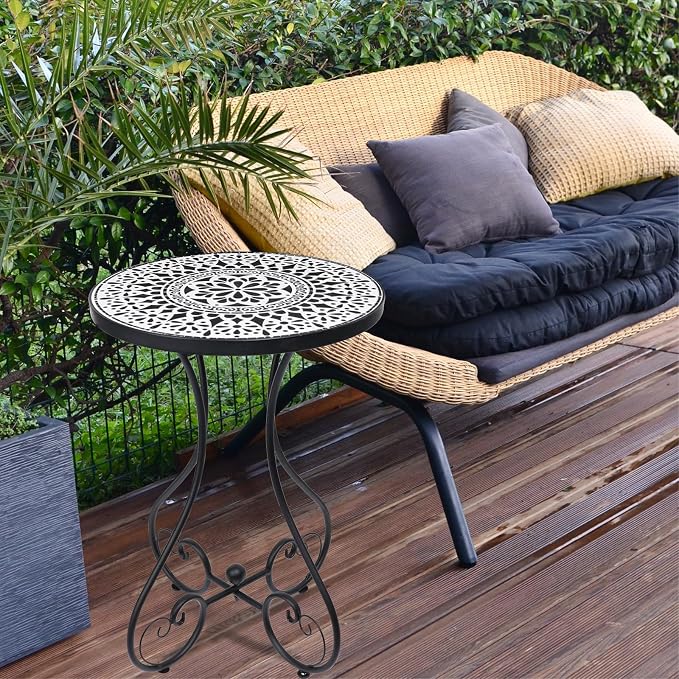 VCUTEKA Outdoor Side Table Mosaic Patio Table Accent Tables Mosaic Tile Top Metal Frame Small End Tables Porch Beach Patio Garden Balcony Black 14 inch