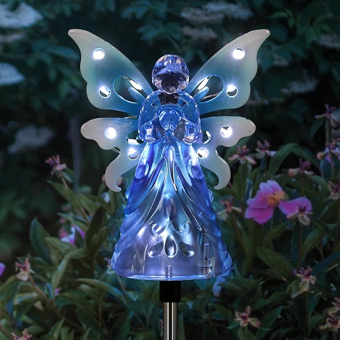 Exhart Garden Solar Lights, Decorative Angel Garden Stake, 12 LEDs, Cute Yard and Pathway Decor, Blue, 4 x 34 Inch