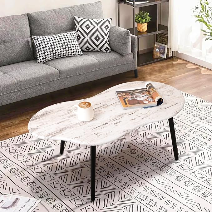 Small Coffee Table Cloud Shape Coffee Tables Unique White Wood Grain Tabletop Floor Table Farmhouse Rustic Decorative Center Sofa Table for Living Room Small Spaces