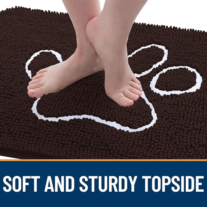 OLANLY Dog Door Mat for Muddy Paws 40x24, Paw Print Design, Absorbs Moisture and Dirt, Absorbent Non-Slip Washable Doormat, Quick Dry Chenille Mud Mat for Dogs, Entry Indoor Entryway Carpet, Brown