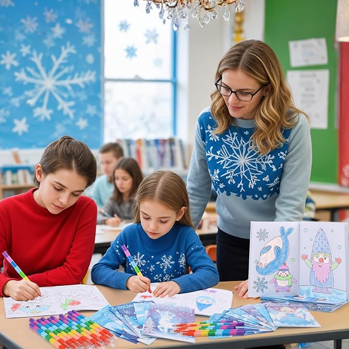 BenLouis 24 Frozen Mini Coloring Books with 24 Stacking Crayons Party Favors Winter Snowflake Themed Activity Book Crafts Bulk for Kids Frozen Birthday Goodie Bag Stuffers Christmas Classroom Supplies