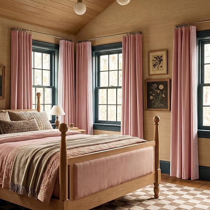 NICETOWN Rod Pocket Embroidered Trim Velvet Curtains, 2 Panels, Blush Pink