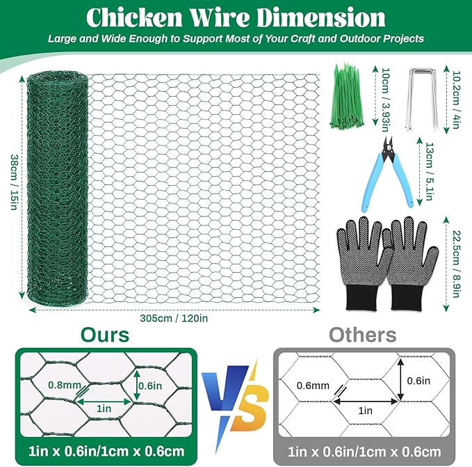 15.7 x 120 Inch Plant Protectors from Animals 0.8mm Free-Cut Metal Mesh Plant Cages for Outdoor Plants Chicken Wire Cloche, Wire Plant Protector for Garden Wire Mesh with Gloves, Wire Ties, Plier