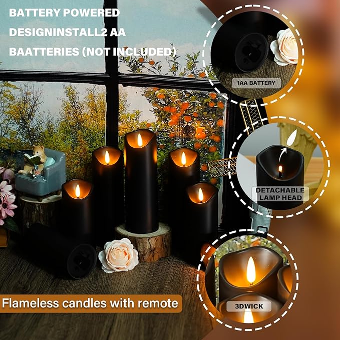 Flameless Candles with Remote, Battery Operated Flickering Flameless Candles, LED Candles with Timer 2/4/6/8H, with Realistic LED Candles Set of 12 (D2.2 x H 5" 6" 7") (Black)