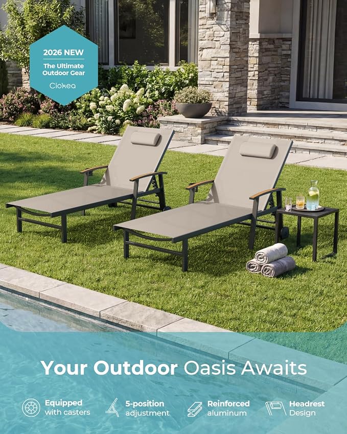 Ciokea Outdoor Lounge Chair with Pillow, 5-Position Aluminum Chaise Lounge with Wheels & Armrests, 400 lbs Heavy Duty Patio Pool Chair for Deck, Backyard, Beach & Poolside, Khaki