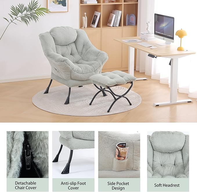 LITA Lazy Chair with Ottoman, Modern Accent Leisure Upholstered Sofa, Contemporary Lounge Reading Chair with Armrests and a Side Pocket for Living Room, Bedroom & Small Space