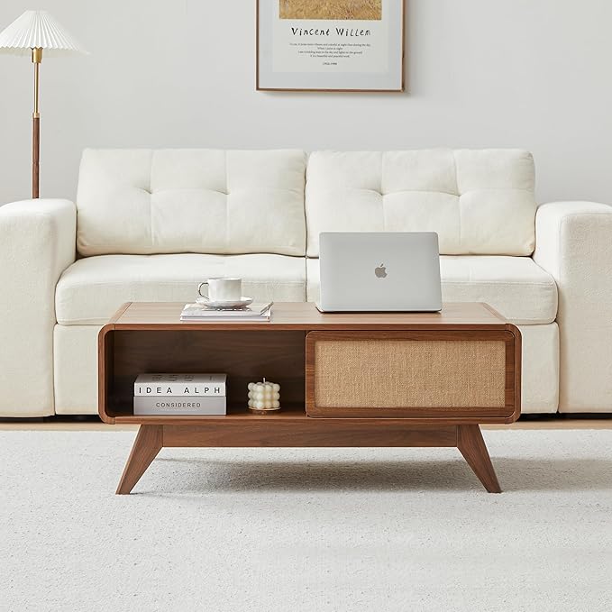AVZEAR Mid Century Modern Coffee Table with Storage, Curved Edge Wood Coffee Table with Sliding Nature Linen Door, Farmhouse Center Table Rectangle Coffee Table for Living Room, Office, Walnut