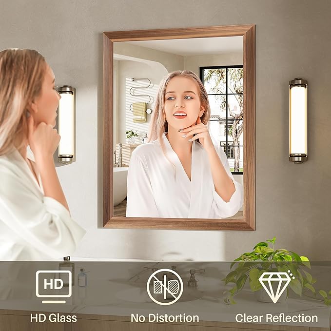 36x32 Inch Bathroom Mirror for Wall, Anti-Rust Walnut Wood Grain Metal Framed